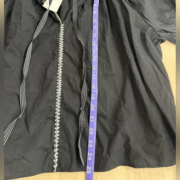 H&M NWT Black Embroidered Blouse Puff Sleeve Contrast Stitch Boho Statement Top - Picture 10 of 12